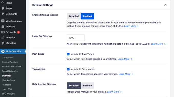 Sitemap settings 站点地图设置