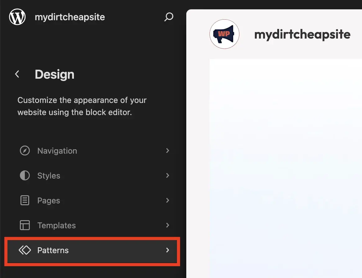 如何为静态 WordPress 网站免费添加搜索功能(使用 Lunr) 4 Acessing Patterns from the FSE menu