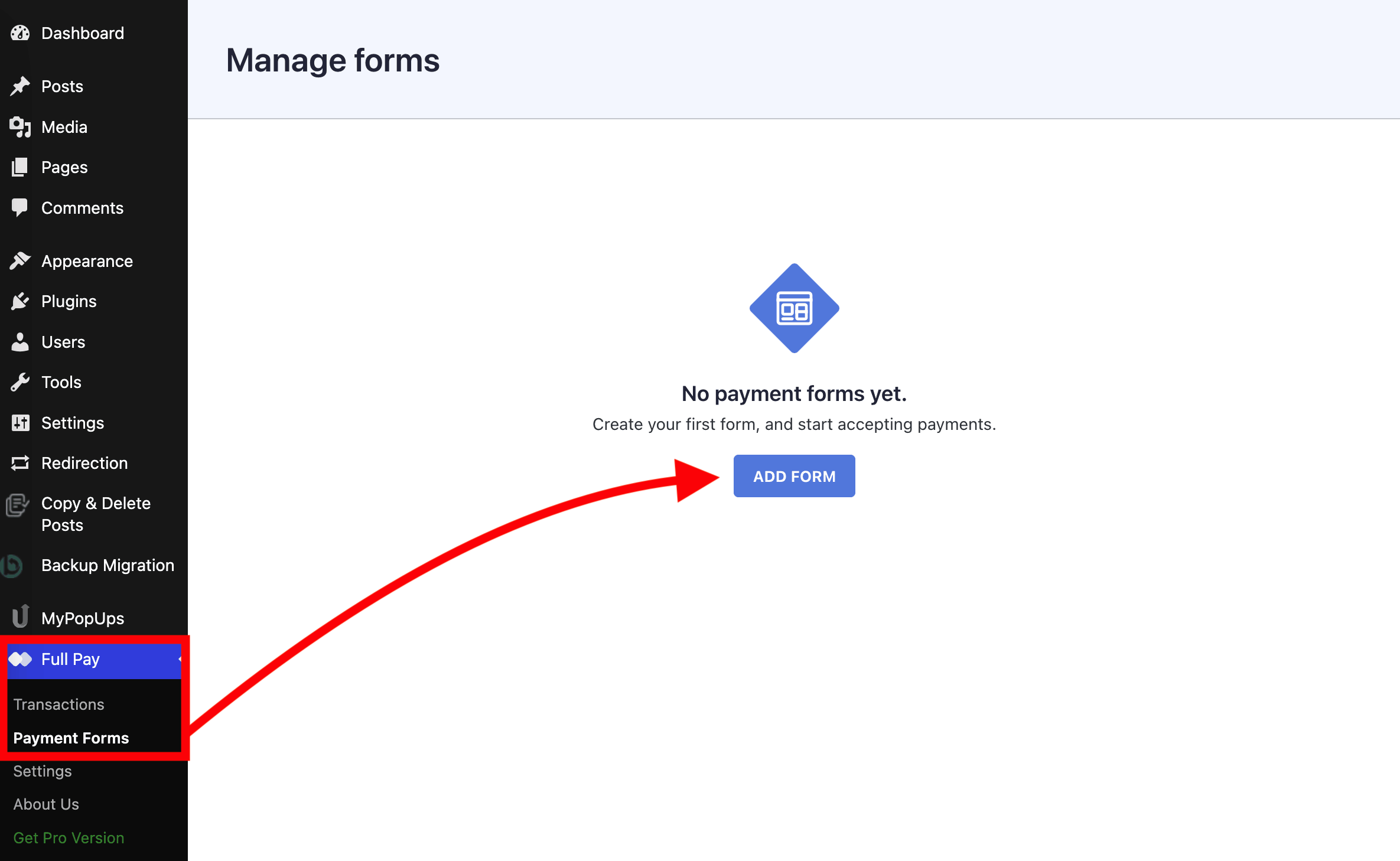 Add a new form inside the WP Full Pay plugin