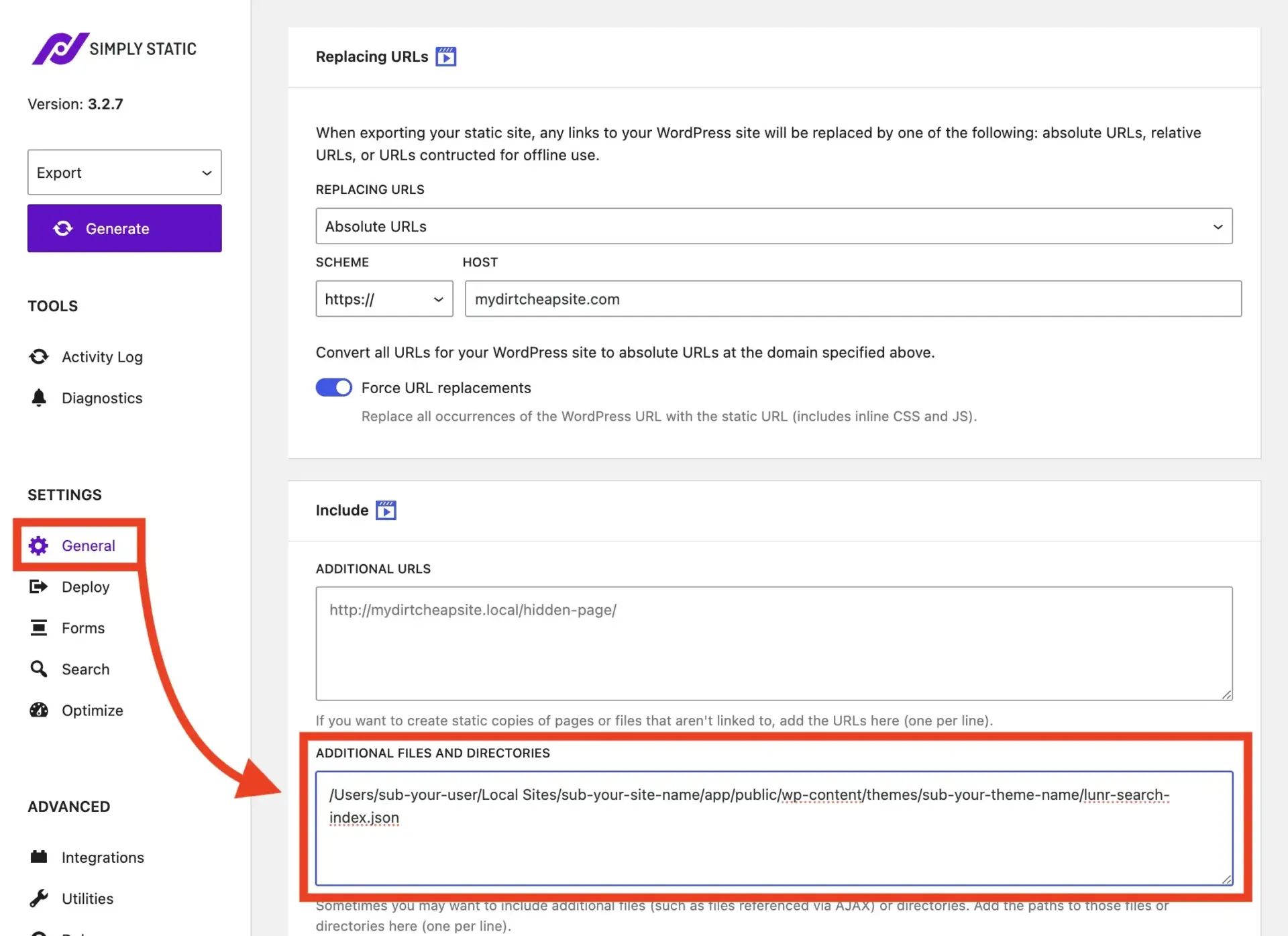 如何为静态 WordPress 网站免费添加搜索功能(使用 Lunr) 15 Adding JSON file to Simply Static plugin