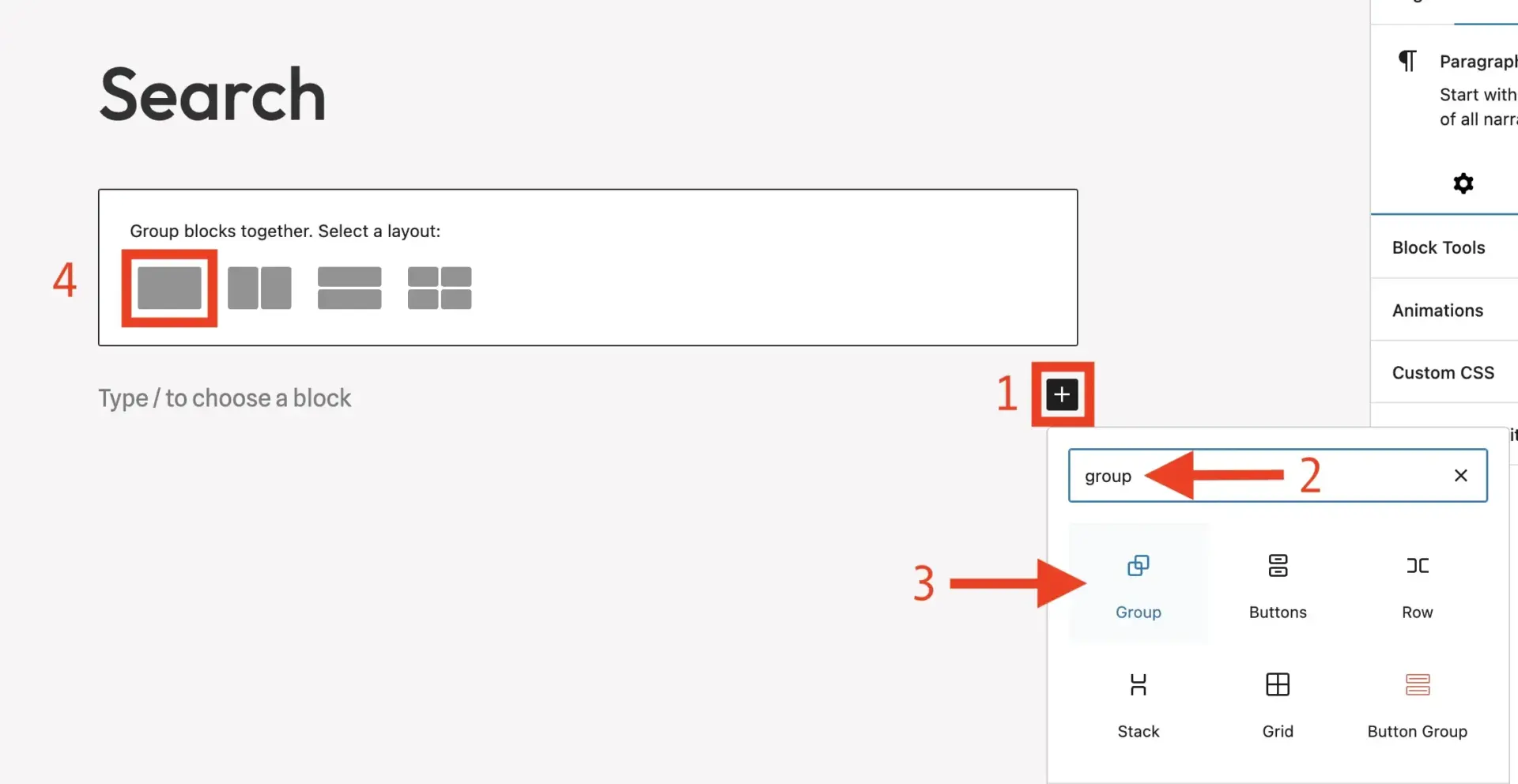 如何为静态 WordPress 网站免费添加搜索功能(使用 Lunr) 8 Adding a Group block to the page