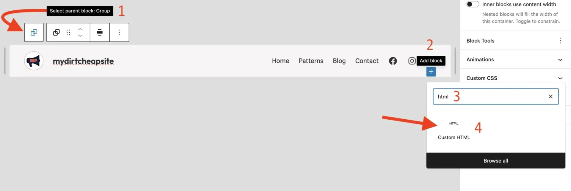 如何为静态 WordPress 网站免费添加搜索功能(使用 Lunr) 6 Adding a custom HTML block to the header template in FSE scaled 1