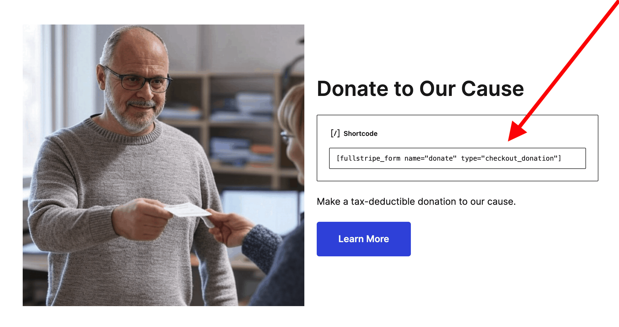 Adding donation form shortcode to shortcode block in the wordpress editor