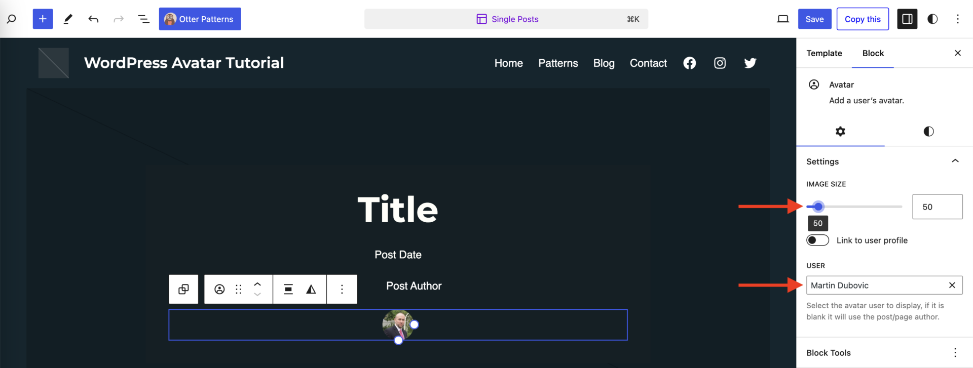 无需 Gravatar 设置 WordPress 头像(以及如何将其添加到文章中) 14 Assigning a user to the avatar block and adjusting the image size