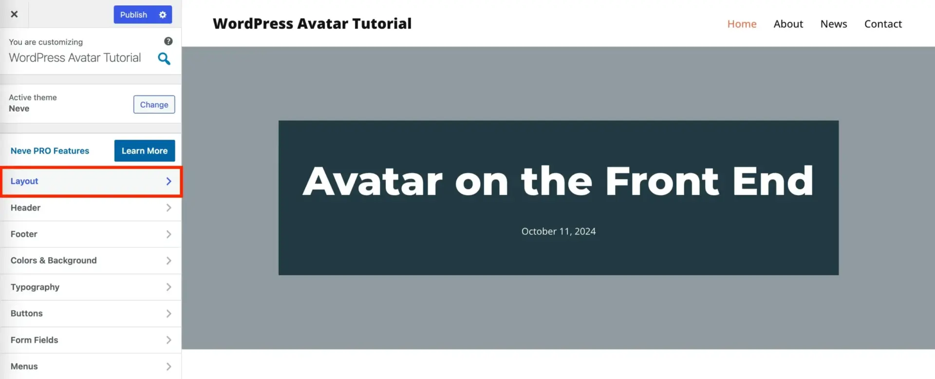 无需 Gravatar 设置 WordPress 头像(以及如何将其添加到文章中) 6 Click on Layout in the WordPress Customizer scaled 1