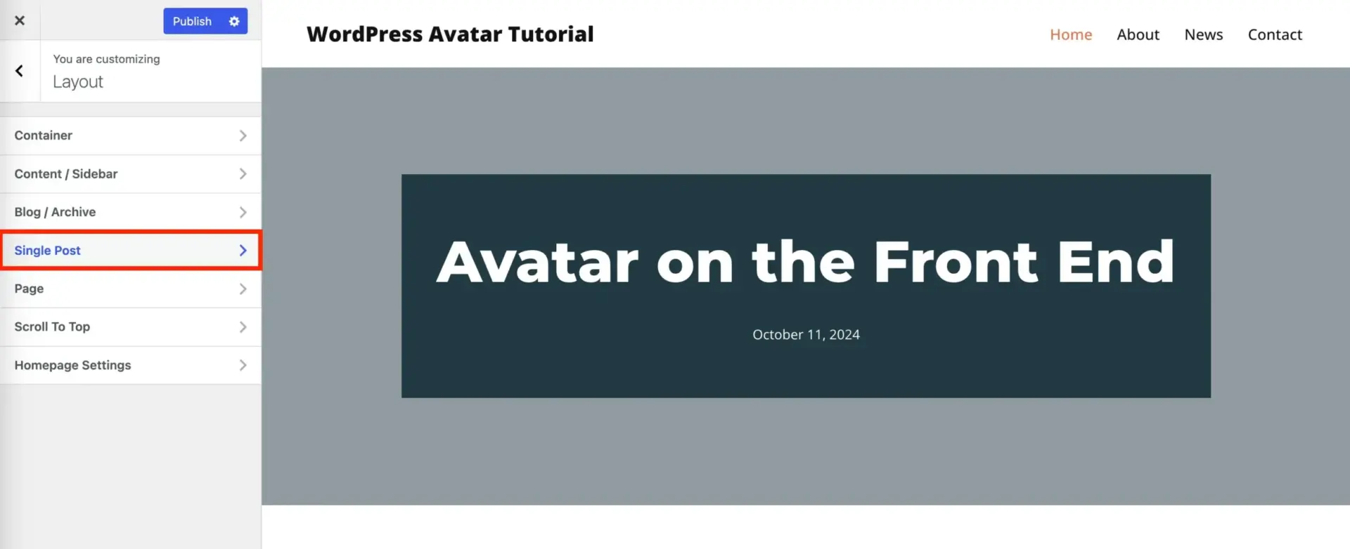 无需 Gravatar 设置 WordPress 头像(以及如何将其添加到文章中) 7 Click on Single Post in the WordPress Customizer scaled 1