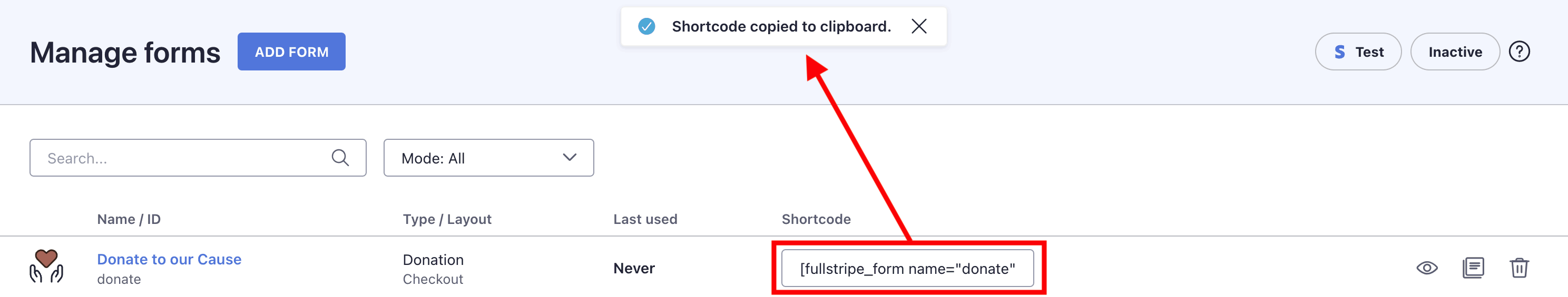 Copying the donation form shortcode from the wp admin screen