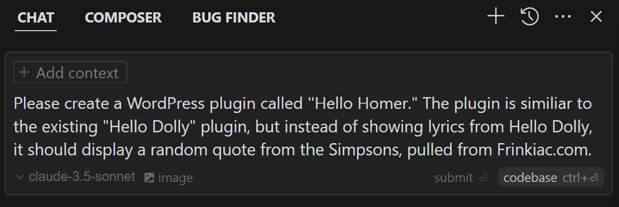 使用 Cursor 创建 WordPress 插件 4 Cursor Chat Hello Homer