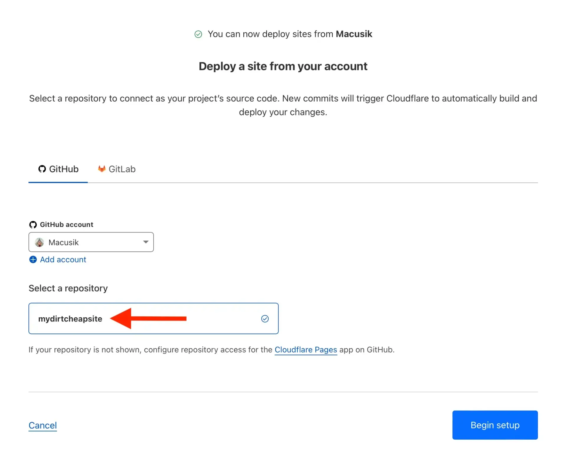 如何仅以每年 $10.44 的费用启动和维护一个 WordPress 网站(包含域名和托管) 24 Deploy a site from your account page in Cloudflare GitHub integration