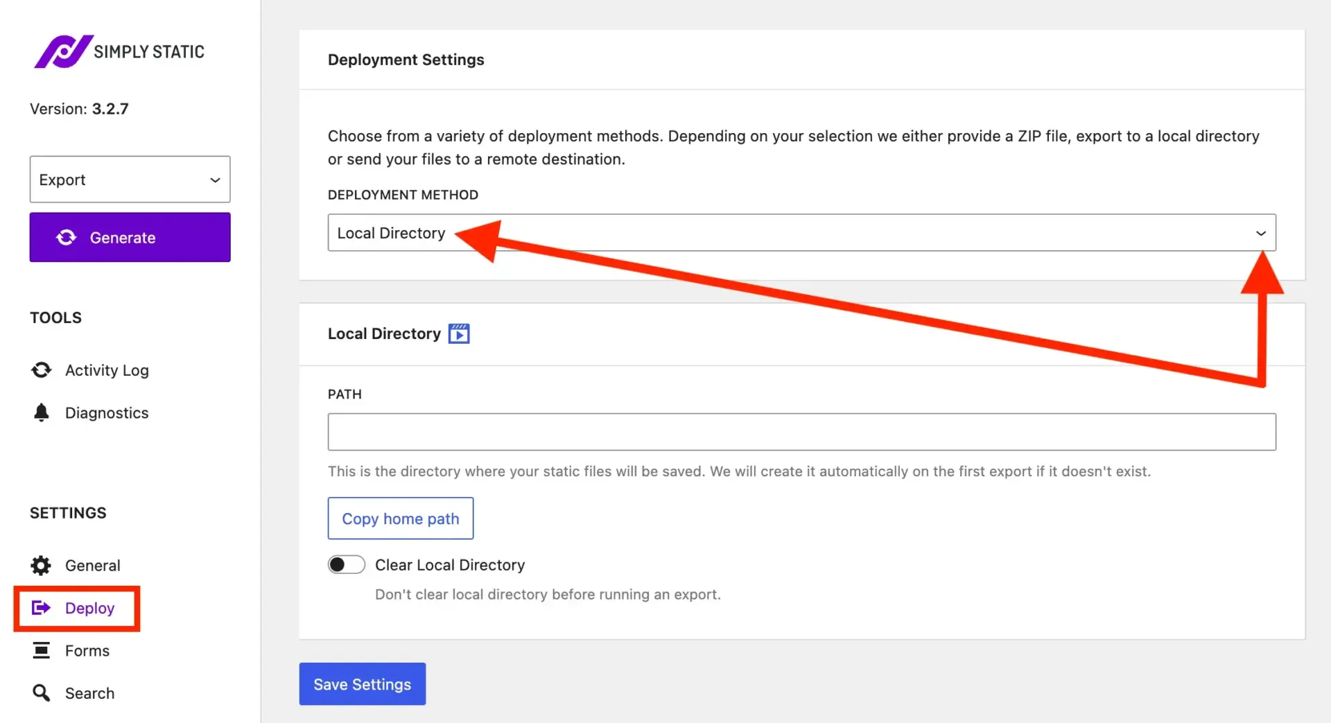 如何仅以每年 $10.44 的费用启动和维护一个 WordPress 网站(包含域名和托管) 12 Deployment Settings in the Simply Static UI