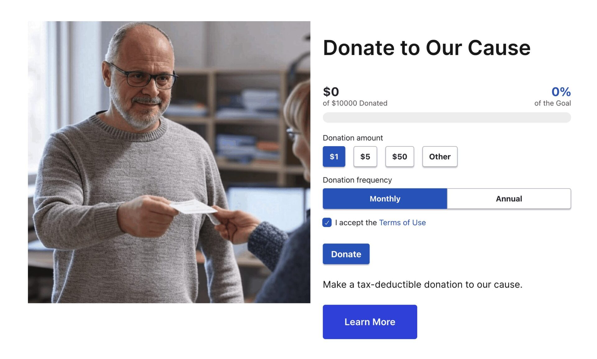 Donation form on the front end of website