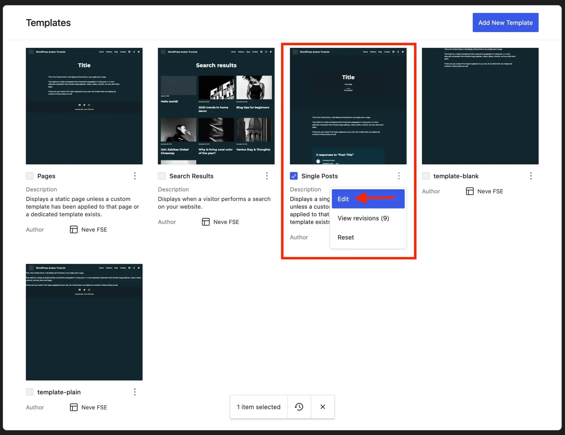 无需 Gravatar 设置 WordPress 头像(以及如何将其添加到文章中) 11 Finding the Single Posts template and clicking Edit