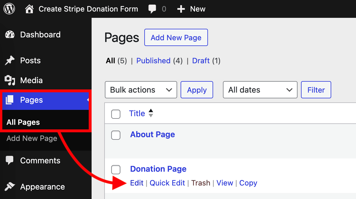 Finding the page you want to add the donation form to