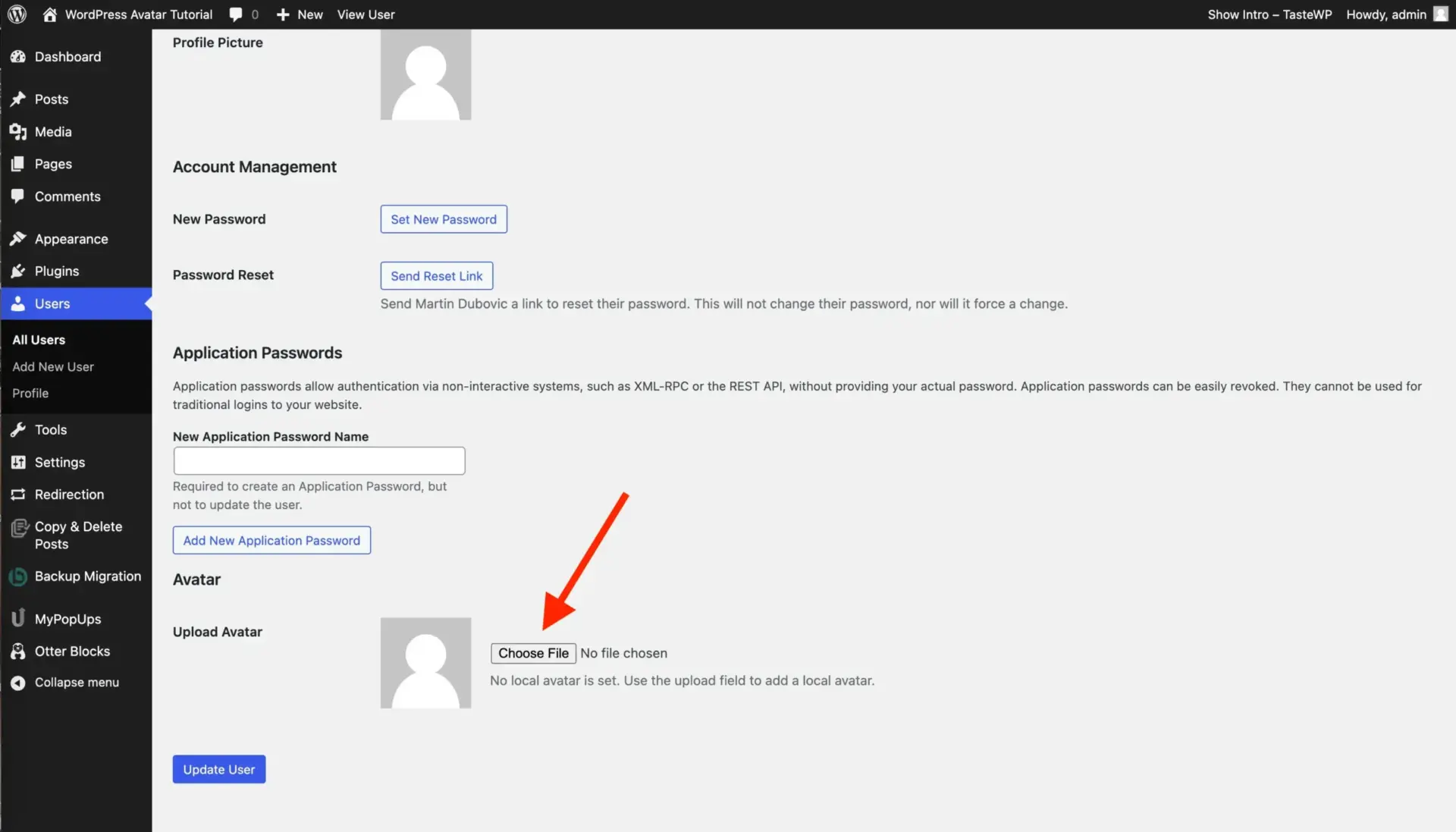 无需 Gravatar 设置 WordPress 头像(以及如何将其添加到文章中) 2 Finding the upload avatar section in the user profile scaled 1
