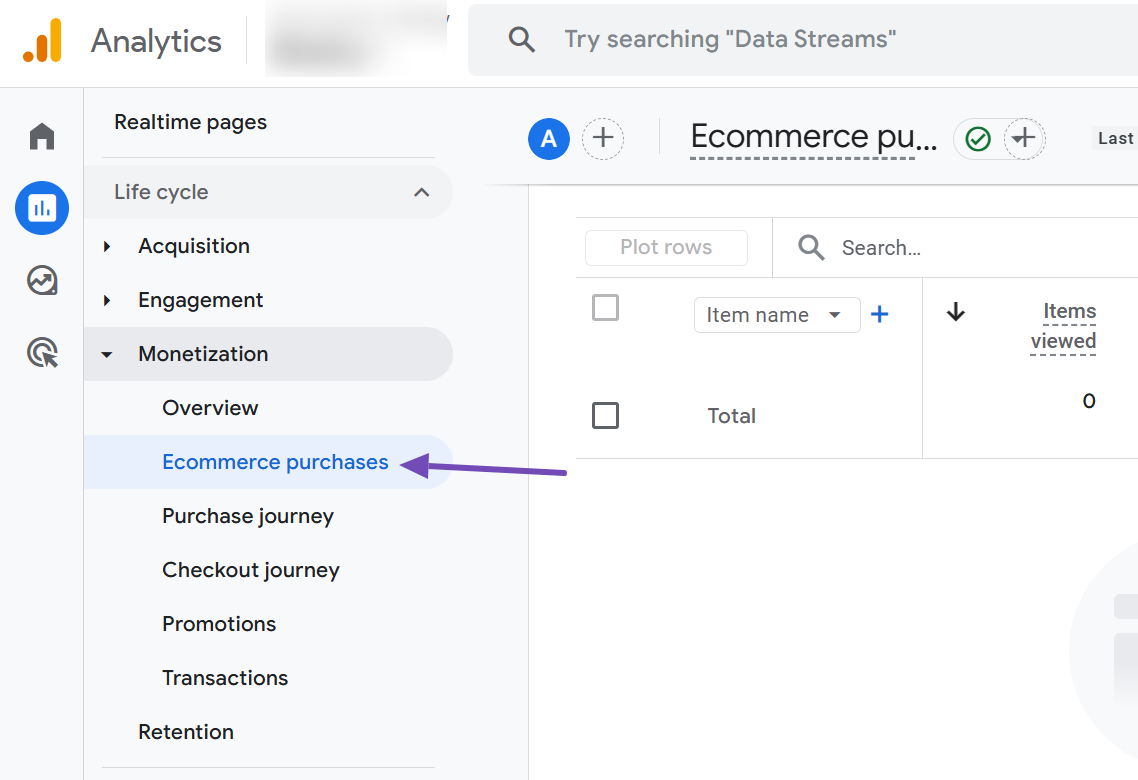 GA Ecommerce purchases section