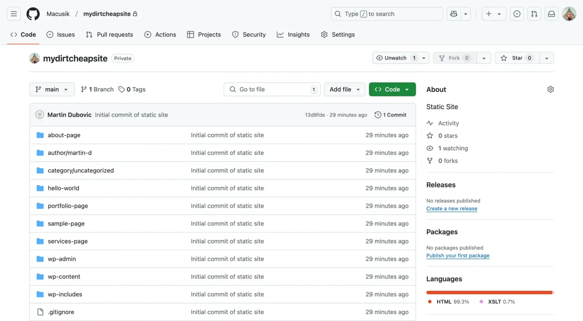 如何仅以每年 $10.44 的费用启动和维护一个 WordPress 网站(包含域名和托管) 21 Initial commit of static site successfully showing in GitHub repository scaled 1