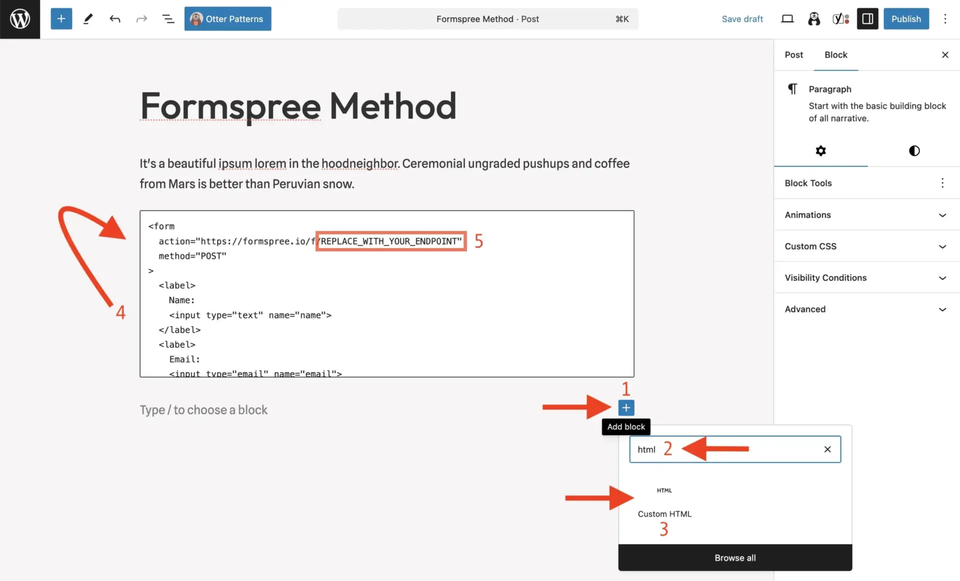 如何为静态 WordPress 网站免费添加联系表单 6 Inserting Formspree form into WordPress post scaled 1