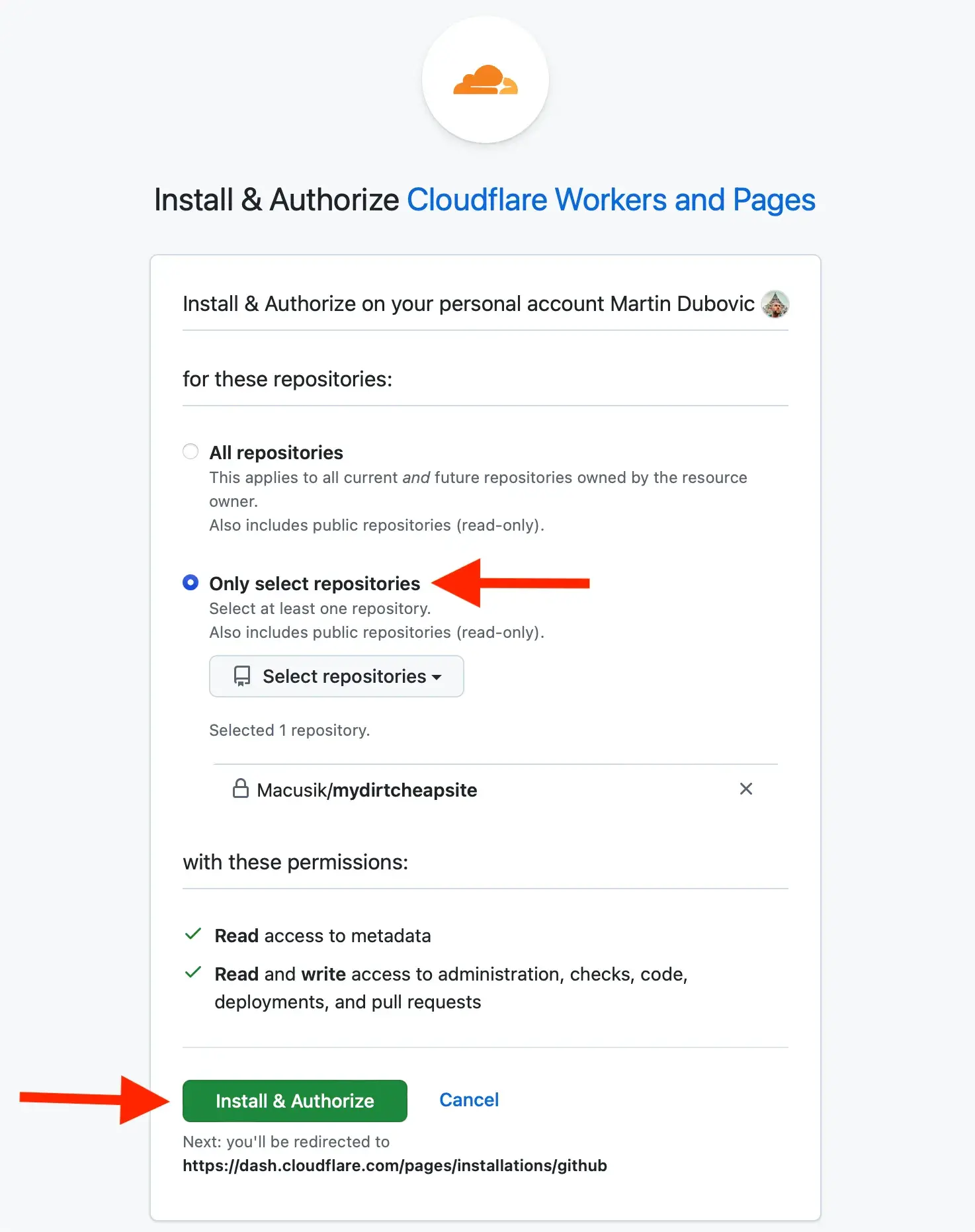 如何仅以每年 $10.44 的费用启动和维护一个 WordPress 网站(包含域名和托管) 23 Install and authorize Cloudlfare Workers and Pages to connect to GitHub
