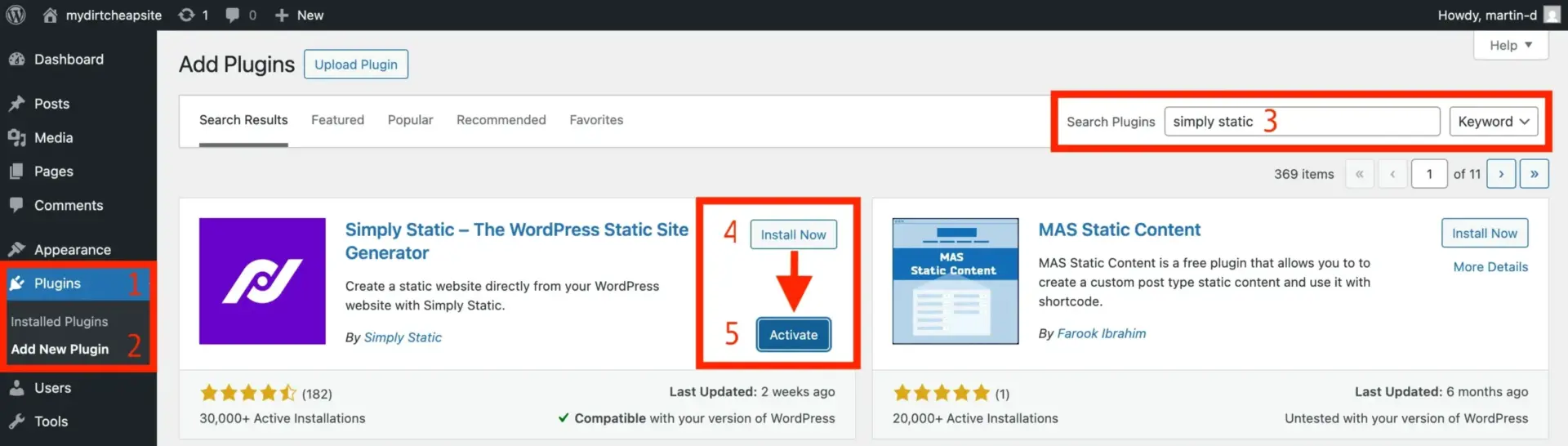 如何仅以每年 $10.44 的费用启动和维护一个 WordPress 网站(包含域名和托管) 8 Installing the Simply Static plugin scaled 1