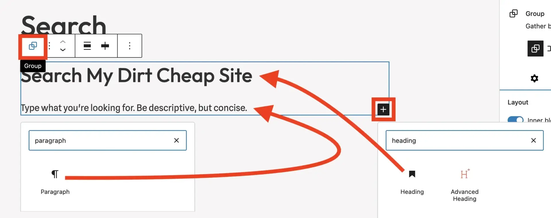 如何为静态 WordPress 网站免费添加搜索功能(使用 Lunr) 9 Keeping everything inside the parent Group block