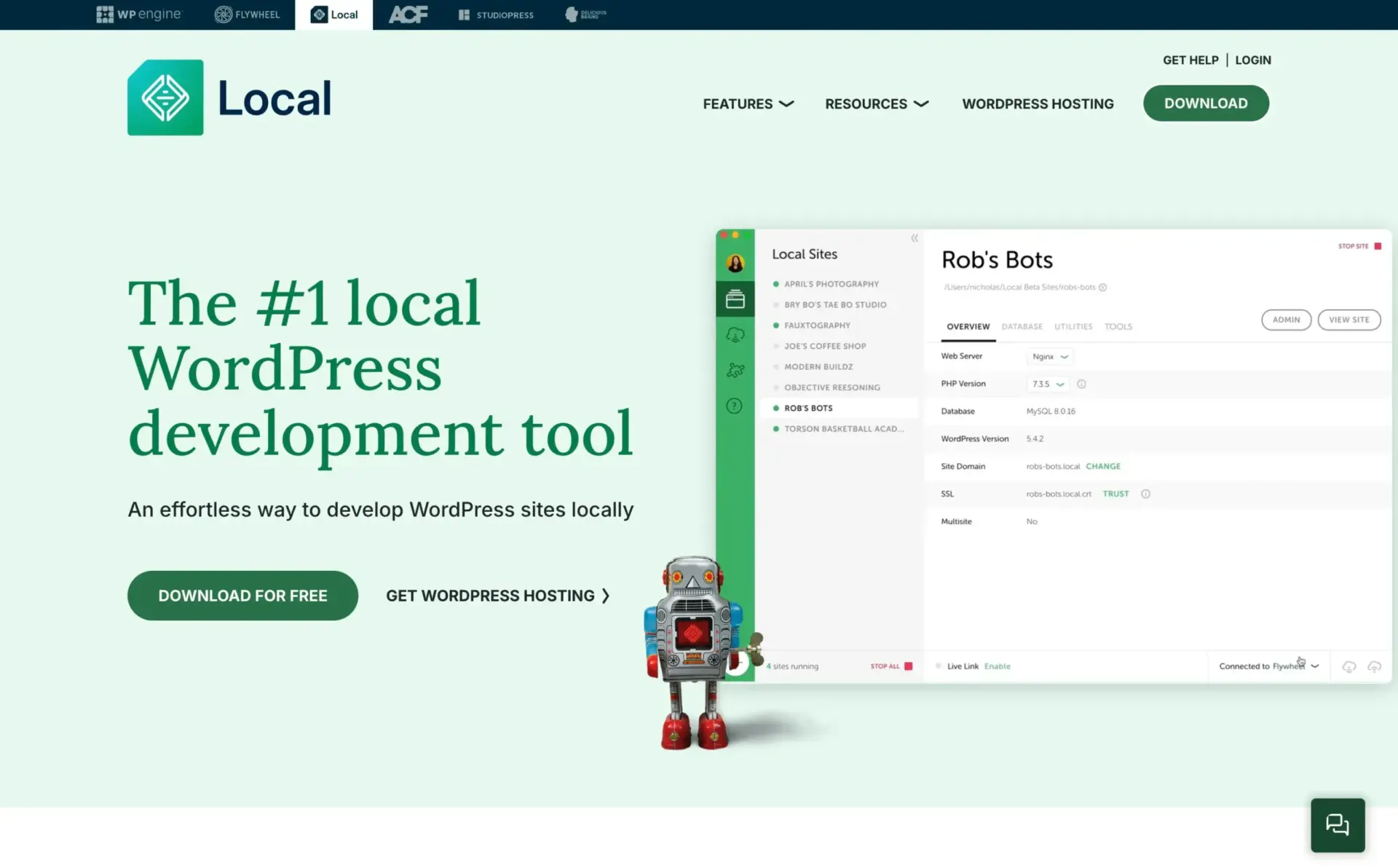 2025年5个最佳本地WordPress开发工具对比 11 Local by Flywheel landing page scaled 1