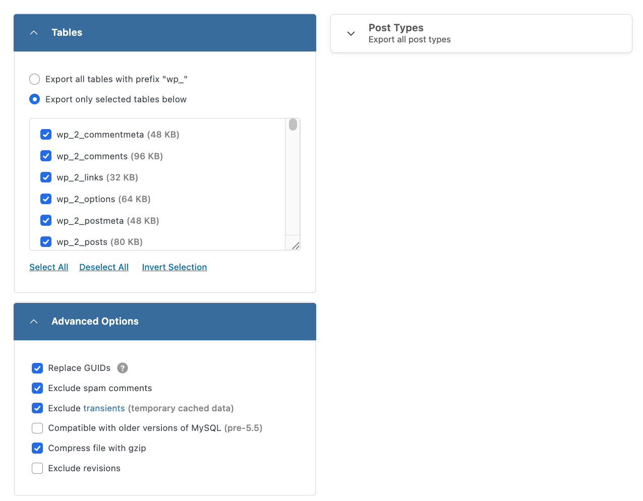 Multisite to Single Site Advanced Options