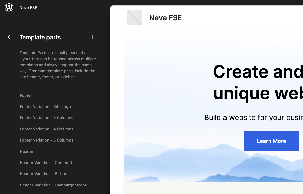 Neve FSE Template Parts inside the Full Site Editor