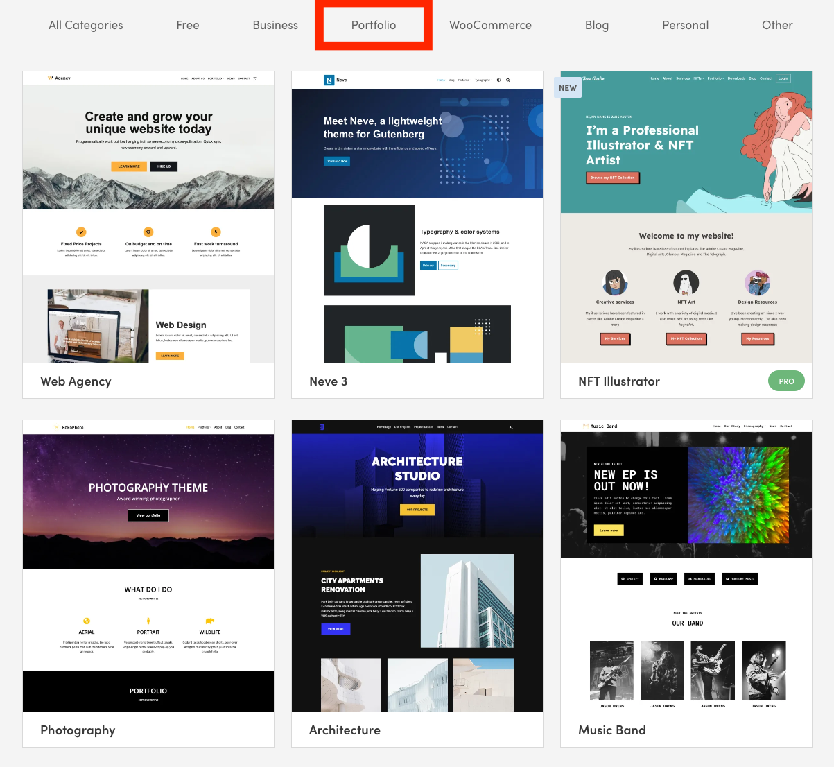 Neve pre built starter sites for portfolio websites