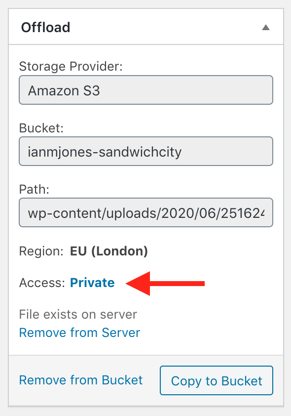 保护您的 WordPress 媒体文件:私有文件、签名 URL 和访问控制 2 Offload Media Library Item Metabox showing Access link