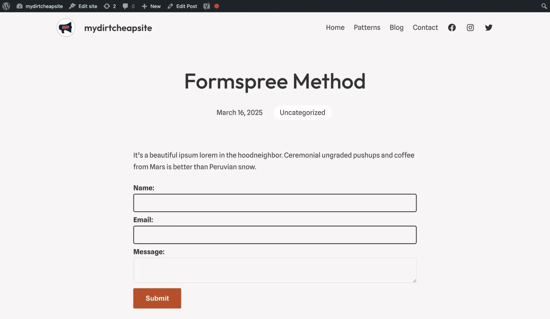 如何为静态 WordPress 网站免费添加联系表单 7 Previewing Formspree form on frontend of static site scaled 1