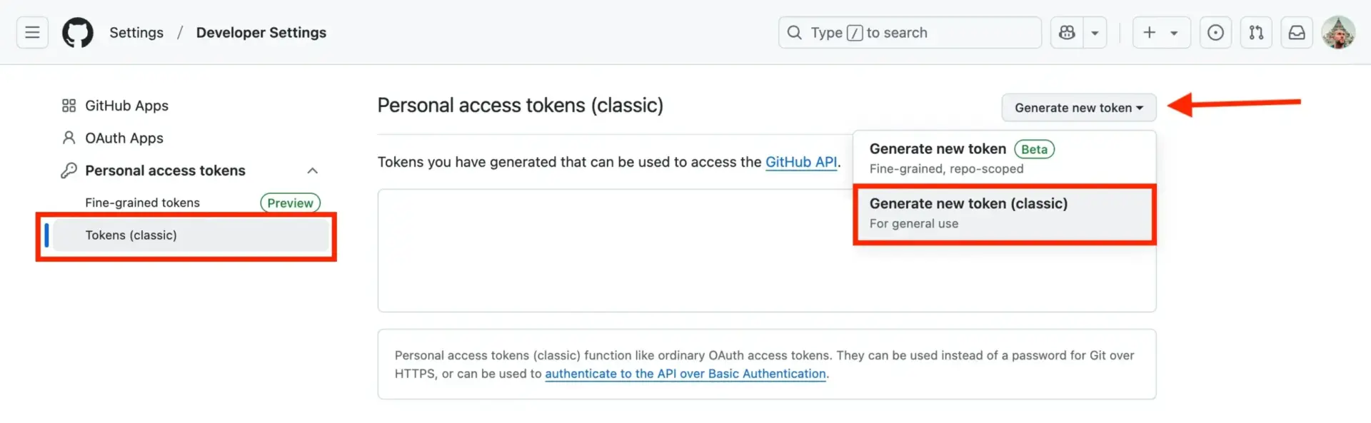 如何仅以每年 $10.44 的费用启动和维护一个 WordPress 网站(包含域名和托管) 18 Selecting classic access tokens from the GitHub menu scaled 1