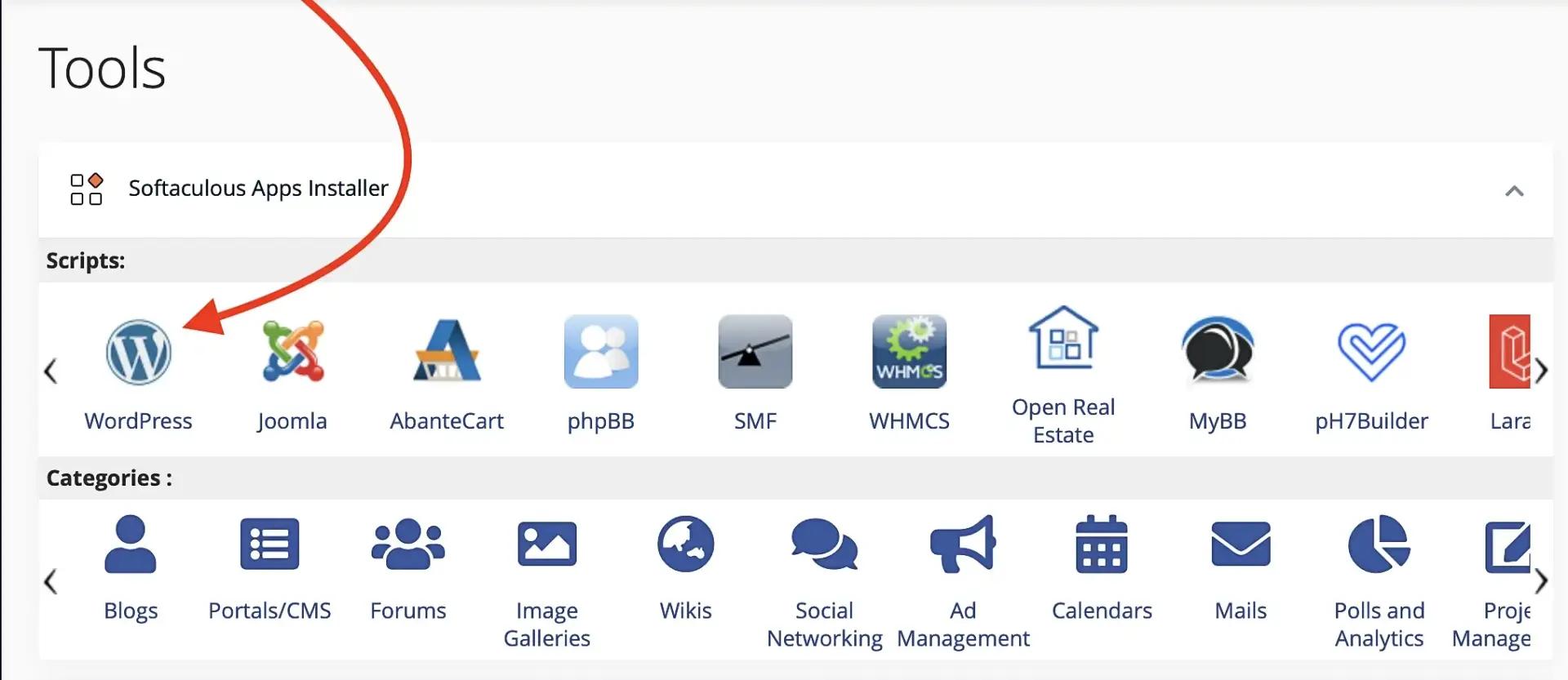 Showing WordPress install option inside of cPanel and the Softaculous Apps Installer