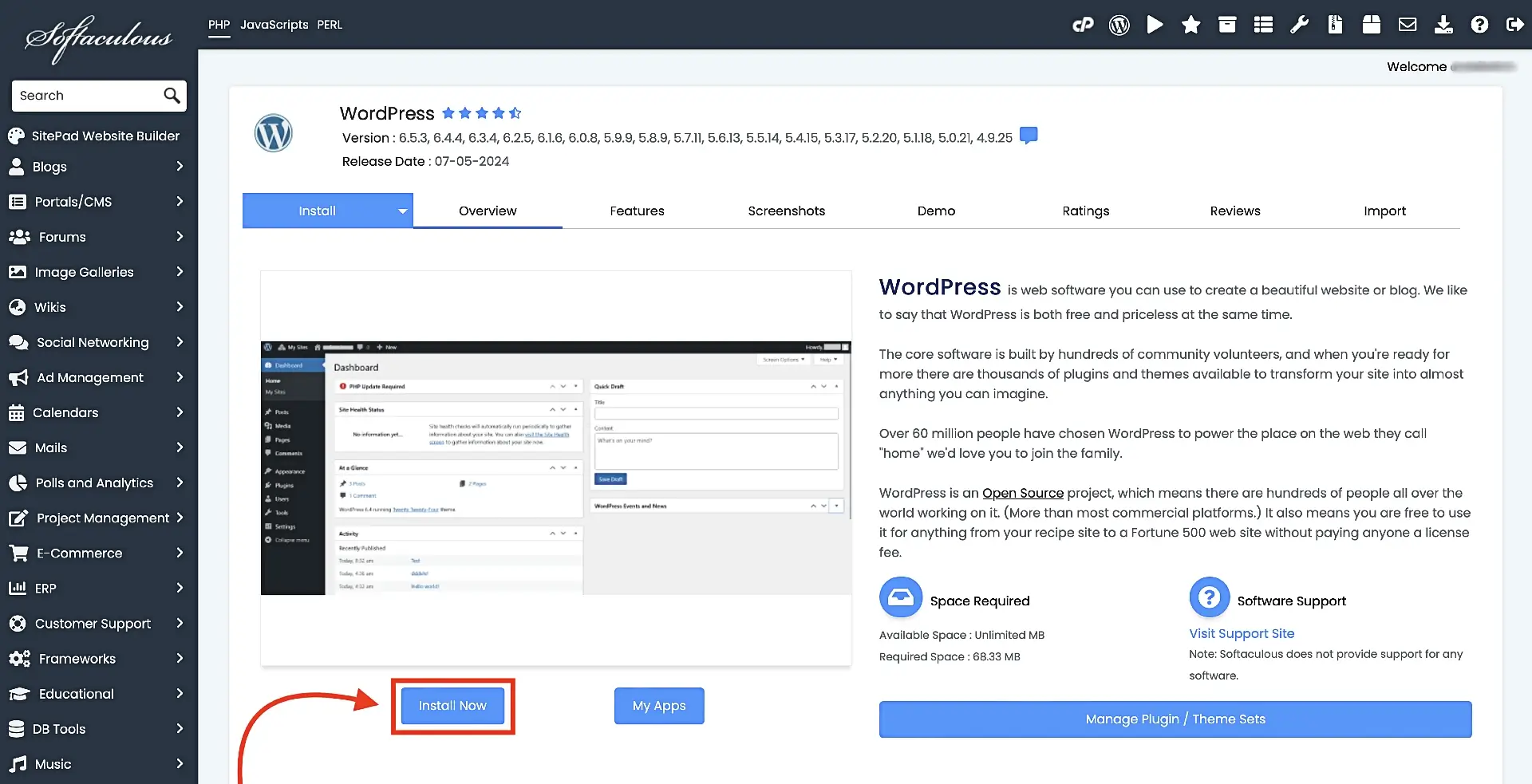 Softaculous WordPress installer