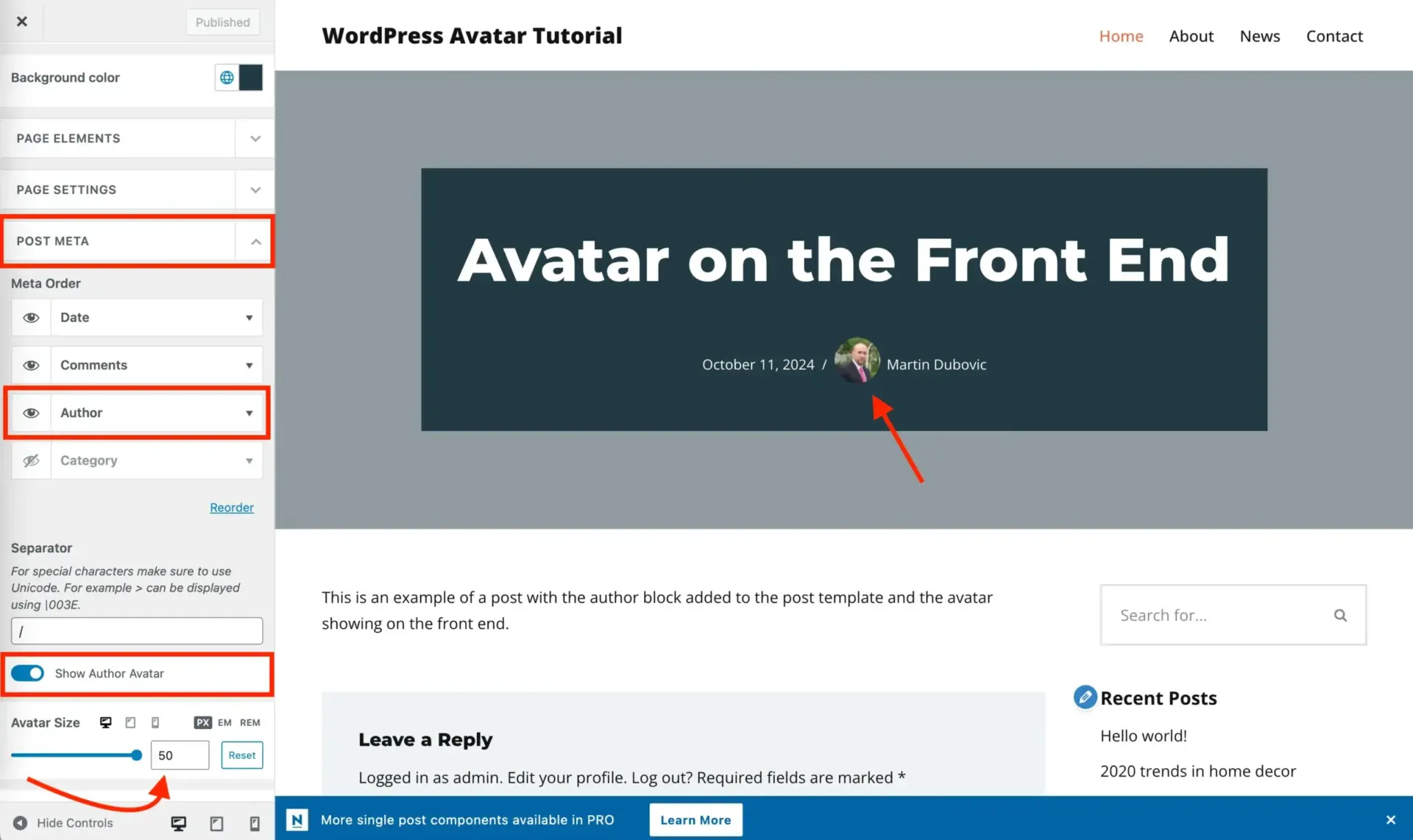 无需 Gravatar 设置 WordPress 头像(以及如何将其添加到文章中) 8 Toggling the settings in the Customizer to display the author avatar and to adjust the size of the photo scaled 1