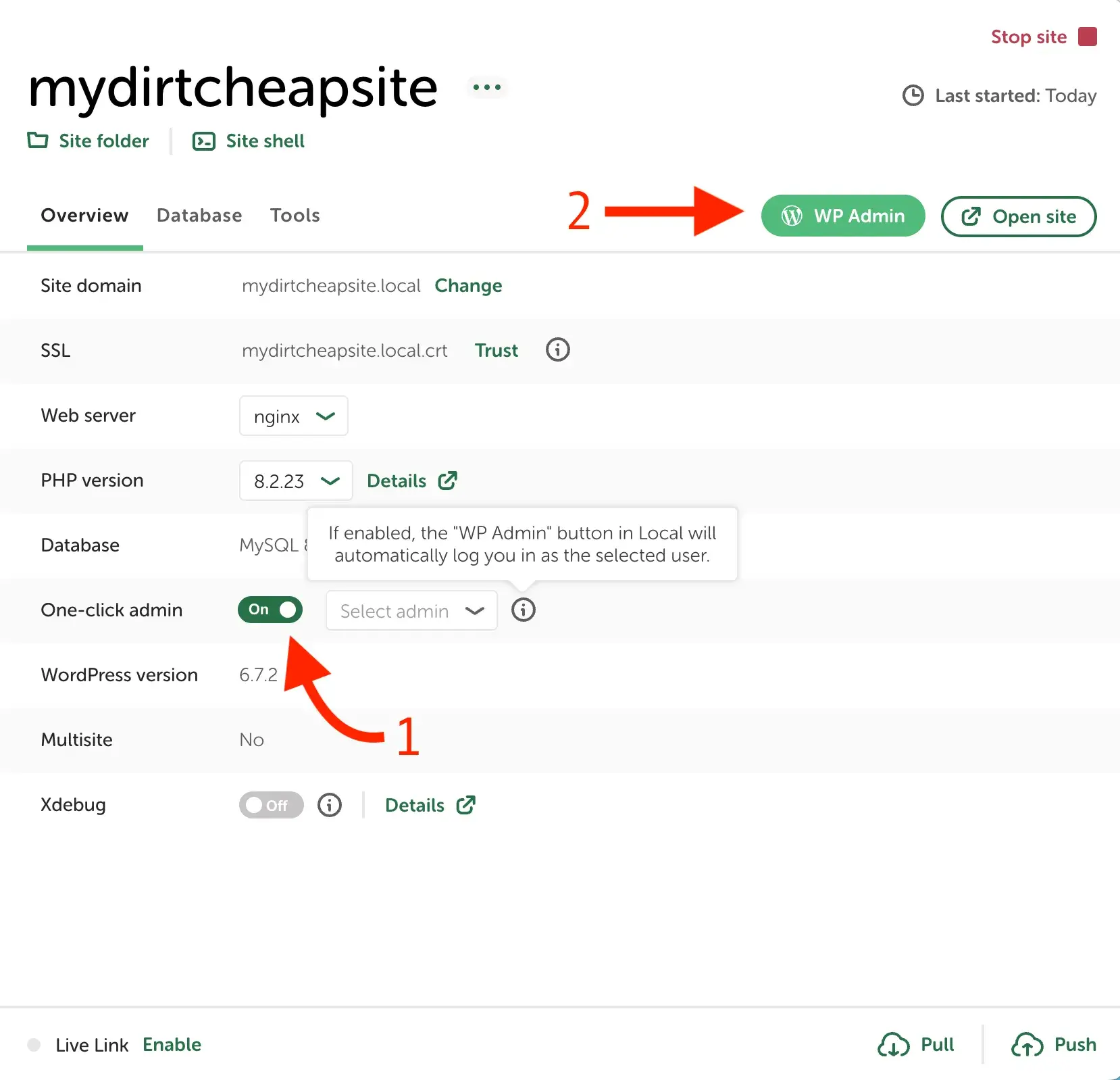 如何仅以每年 $10.44 的费用启动和维护一个 WordPress 网站(包含域名和托管) 7 Turning on 1 click admin in Local