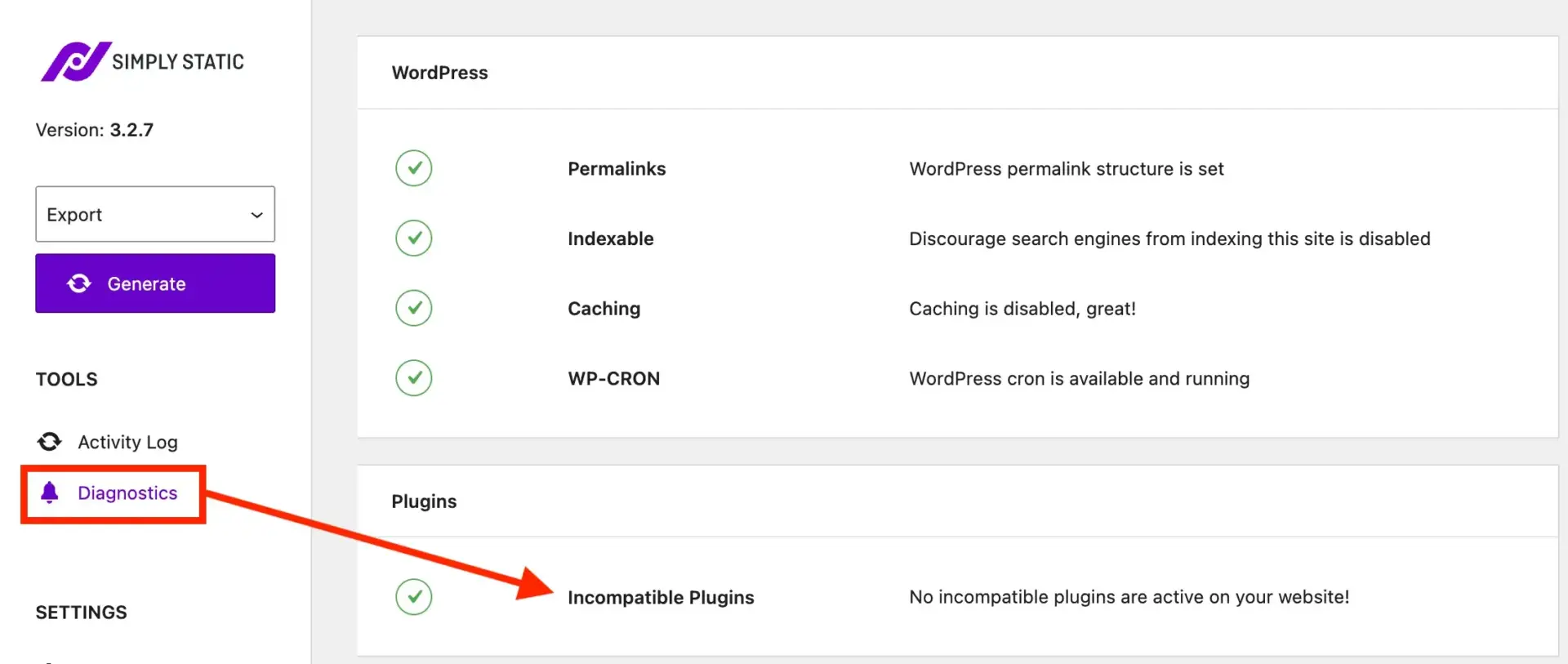 如何仅以每年 $10.44 的费用启动和维护一个 WordPress 网站(包含域名和托管) 10 Using the Diagnostics check inside Simply Static to check for incompatible plugins