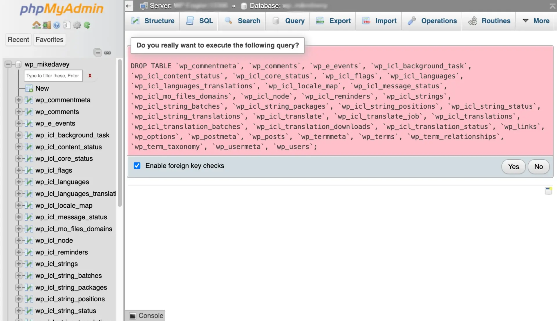 WP Migration Domain Migration phpMyAdmin drop tables