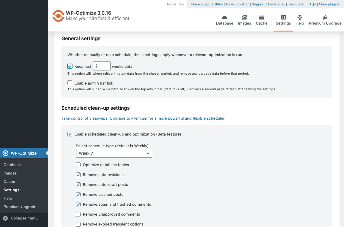 WP Optimize Schedule Database Cleanup
