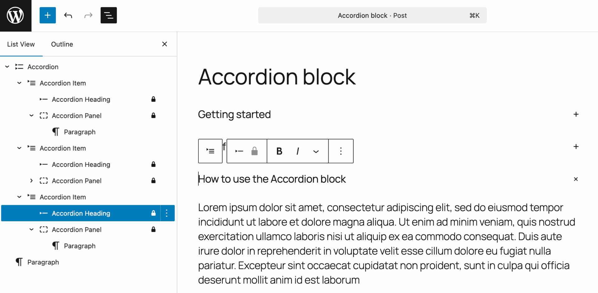 新功能、新区块、新 API:WordPress 6.9 的新变化 1 accordion block structure