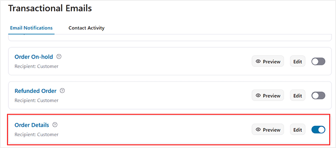 activate order details email in funnelkit automations