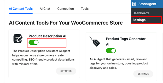 在WooCommerce中使用AI的5种方法(节省时间并赚钱) 6 activate product description ai agent in store agent 1
