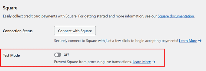 activate square payments test mode in wpforms