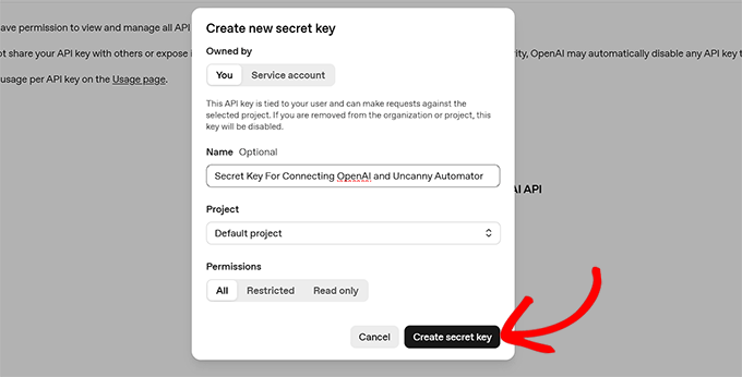 我是如何从零开始在WordPress中实现类似Make.com的自动化(简单方法) 8 add a name and create secret key in openai