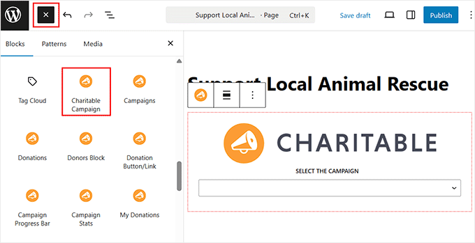 add charitable campaign block to page
