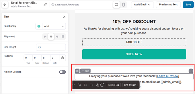 add review link to order reciept email in funnelkit automations