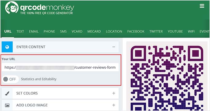 add reviews page url to generate qr code