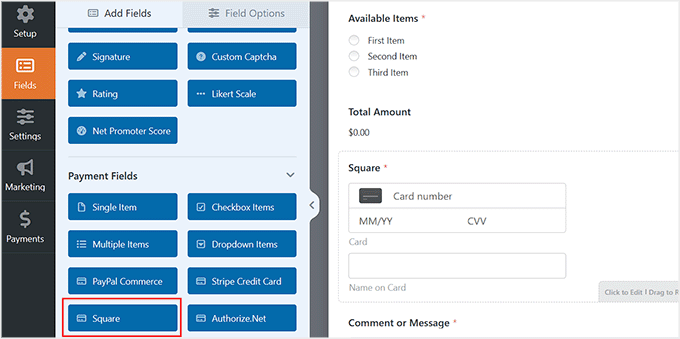add square payment field in form in wpforms
