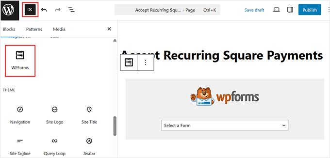 add wpforms block to accept recurring square payments