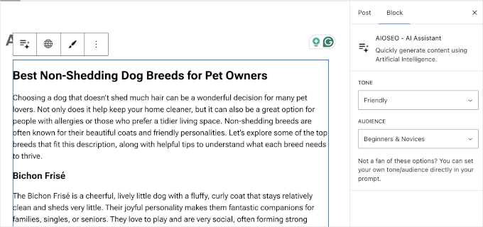 在WooCommerce中使用AI的5种方法(节省时间并赚钱) 14 aioseo ai assistant tone audience