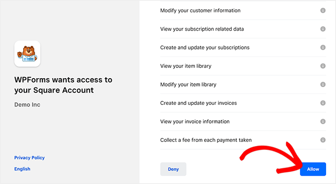 allow wpforms access to your square account